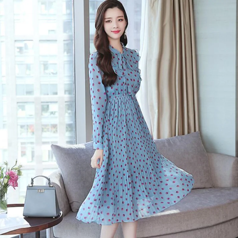 Chiffon Dress 2019 Spring New Arrival Sweet Woman Floral Vintage Female Casual Long Sleeve Bow Printed Dresses | Женская одежда