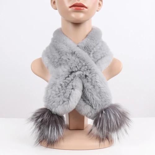 light grey Новая мода с помпоны из лисьего меха шарф из натурального меха Женский однотонный вязаный натуральный мех кролика рекс шарфы зимний шерстяной шарф - Цвет: light grey