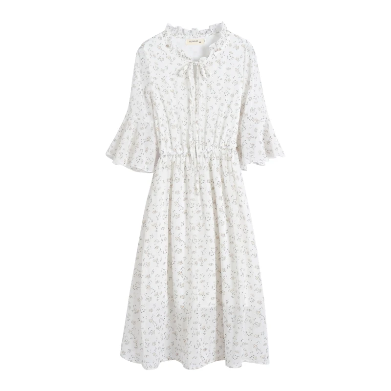 

Chiffon Elastic Waist Cute Sweet Dress A-line Women Summer Casual Short Sleeve Print Floral Dress Female Vestido 6217