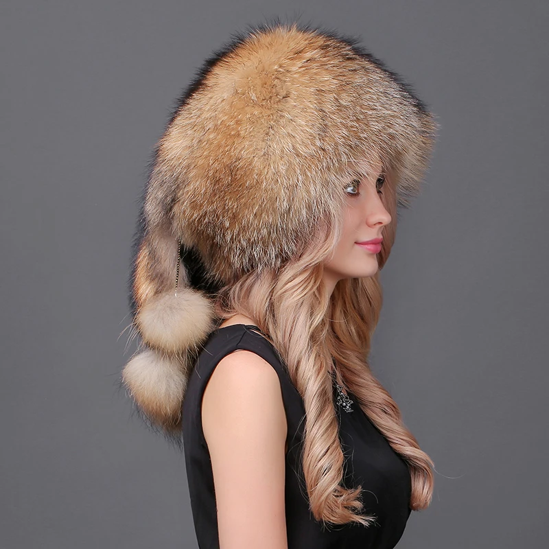Women Winter Real Natural Fur Silver Red Fox Hat With Pom Pom Fox Tail Lady Winter Warm Hats Soft Hairy Cap