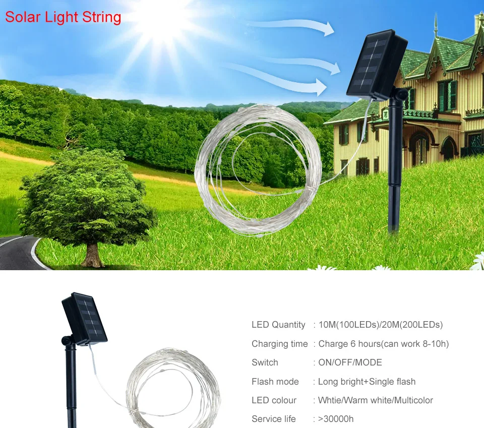 10 м RGB LED Рождество огни IP67 Водонепроницаемый Солнечный свет Медь строка огни 100 светодиодов диода гирлянда Фея огни Наружное освещение