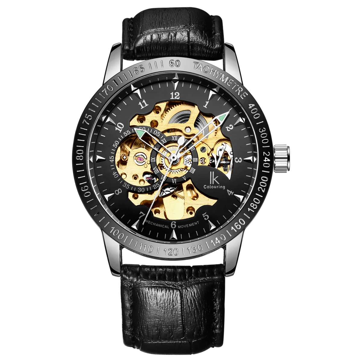 Gold black black IK новые черные мужские наручные часы со скелетом античный из нержавеющей стали стимпанк повседневные автоматические тонкие механические часы мужские - Цвет: Gold black black