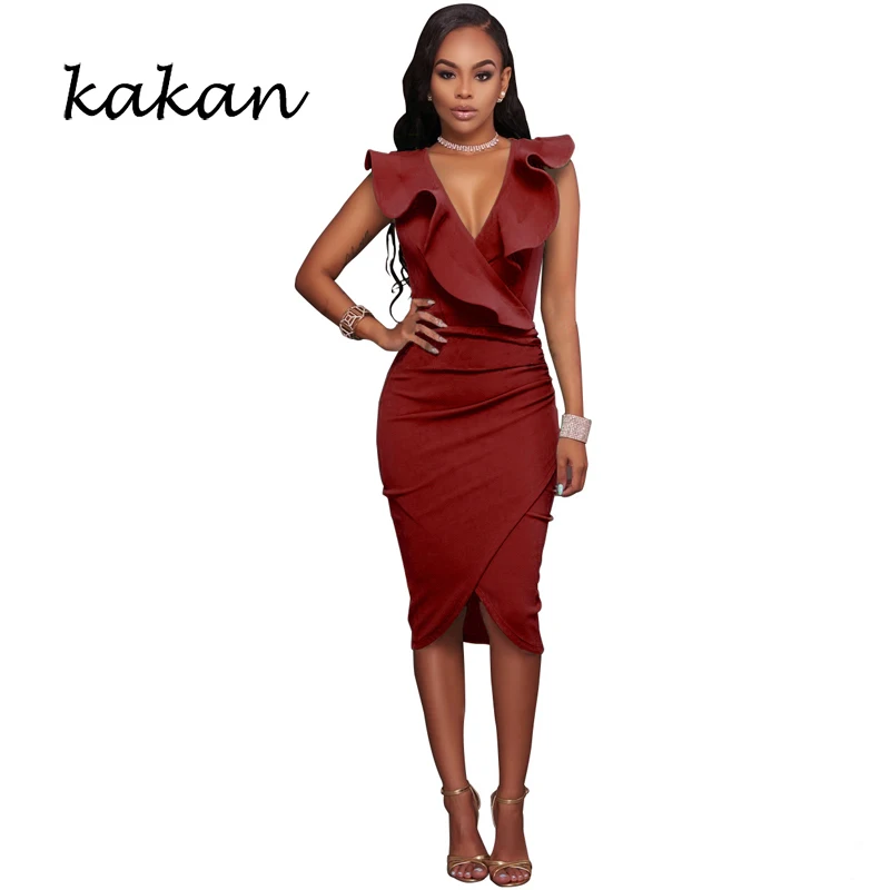 

Kakan hot sexy women's dress V-neck ruffled sleeveless hip dress casual cross dress