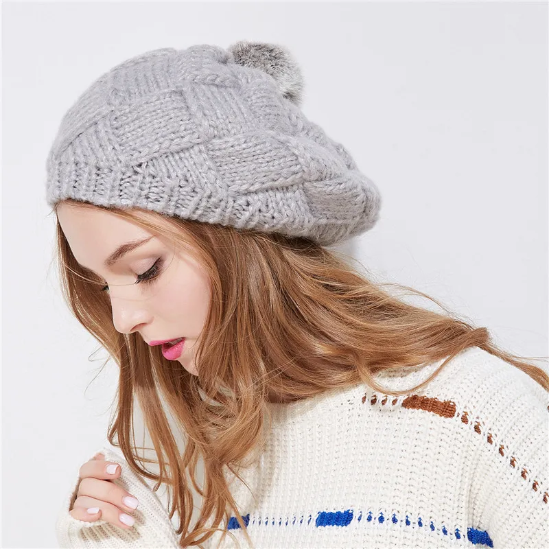 light gray Xthree Новая зимняя женская шапка вязаный берет, шапка с кроличьим мехом и помпонами для девочек, модная весенняя шапка - Цвет: light gray