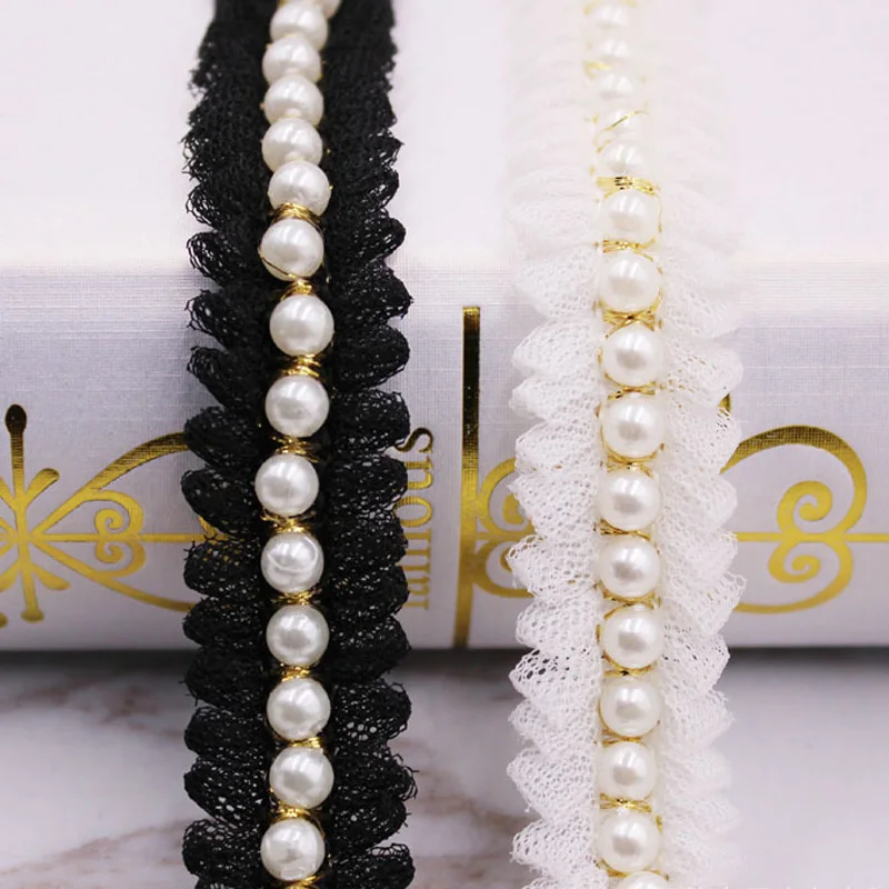 

10Yards/lot 2cm Width Mesh Fake Pearl Beaded Lace Trim Vintage Ruffled Mesh Fabric Braid Beaded Lace Applique