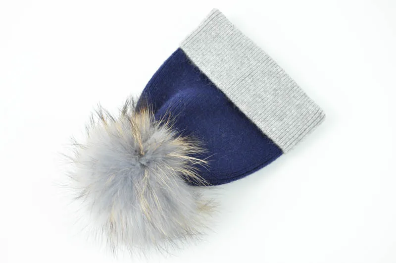 Navy and grey M Женская шапка с натуральным мехом и помпоном, Женская Осенняя Зимняя шерстяная вязаная шапка бини, Женская кашемировая меховая шапка с вязаным помпоном из натурального енота - Цвет: Navy and grey M