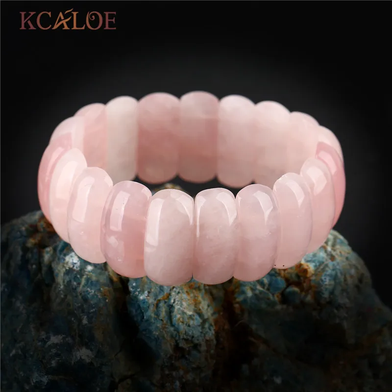 Pink quartz stone KCALOE, Фиолетовый Кристалл, полудрагоценные камни, эластичные браслеты на запястье, широкий натуральный камень, женский браслет, ювелирные изделия - Окраска металла: Pink quartz stone