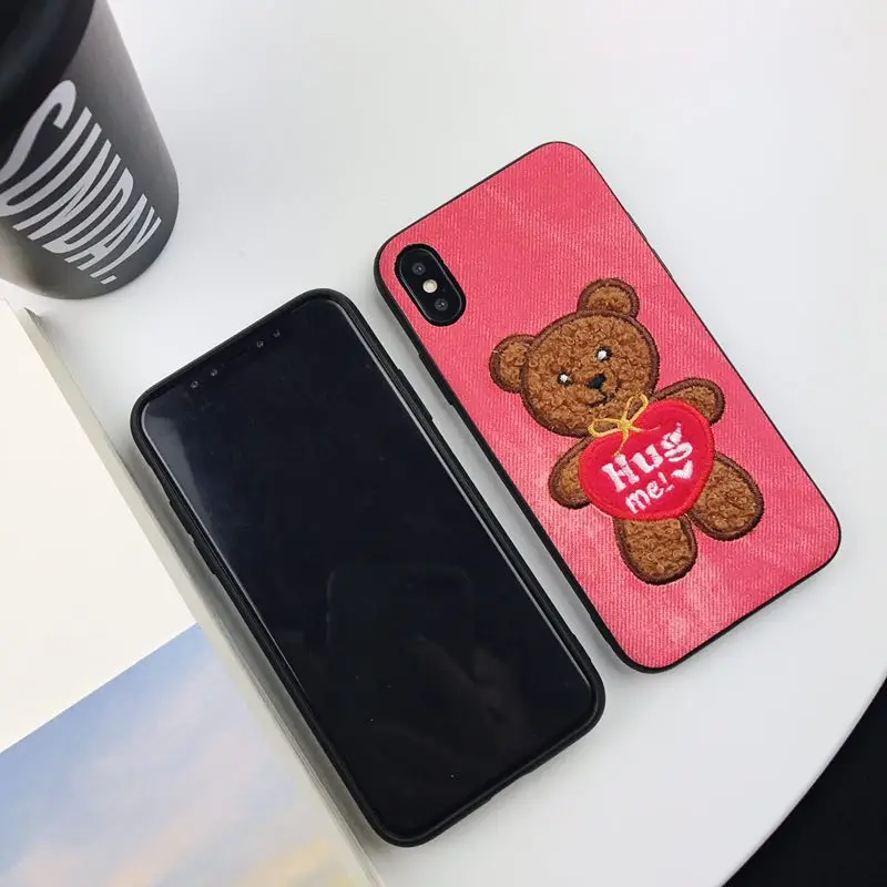 Full Cover Bear Embroidery Cases for Apple iPhone X 6 6S Beauty Pattern Phone Back 7 8 plus Coque Fundas |