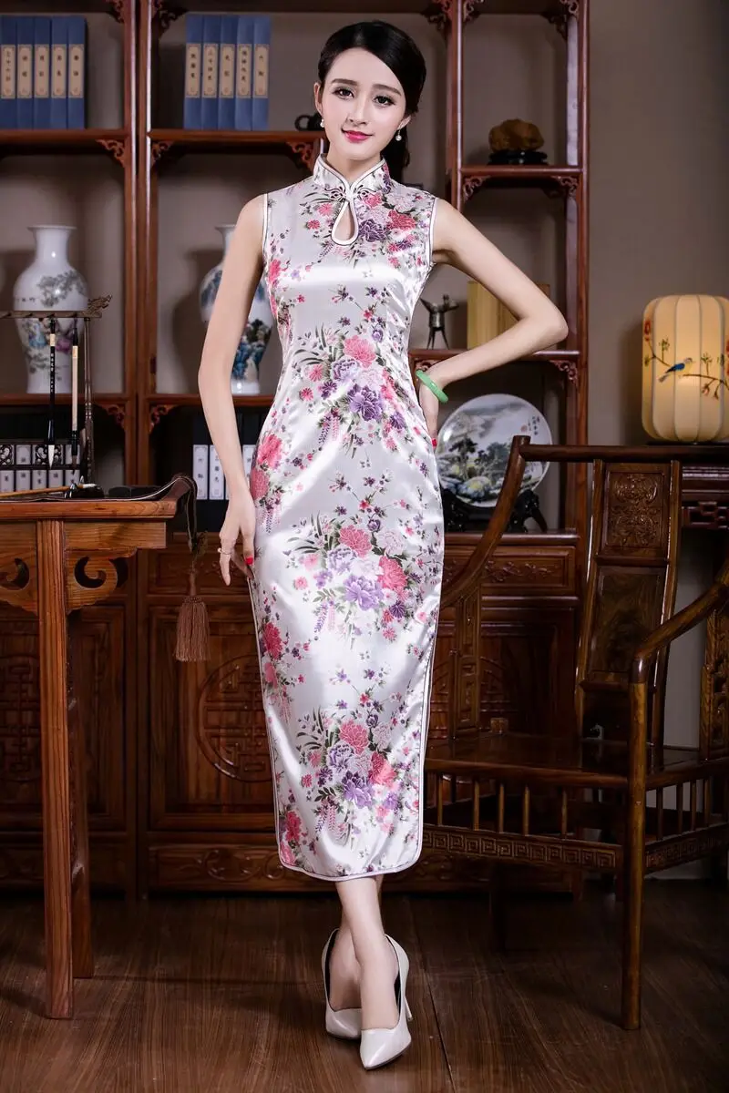 Винтажный китайский стиль Cheongsam сексуальное Белое летнее женское длинное платье