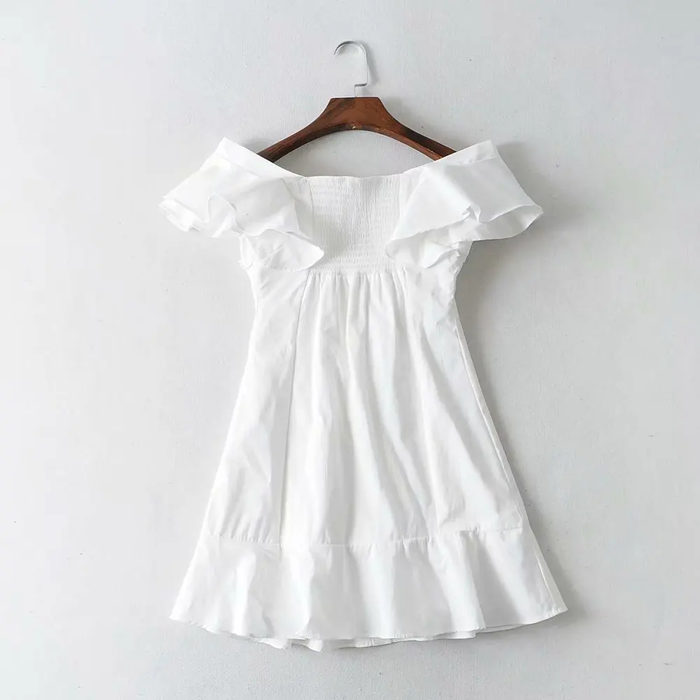 Женское платье с открытыми плечами boho винтажное белое пляжное рюшами элегантное