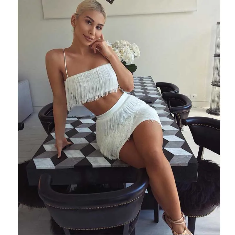 Оптовая продажа новые женские костюмы белые эластичные стропы с кисточками
