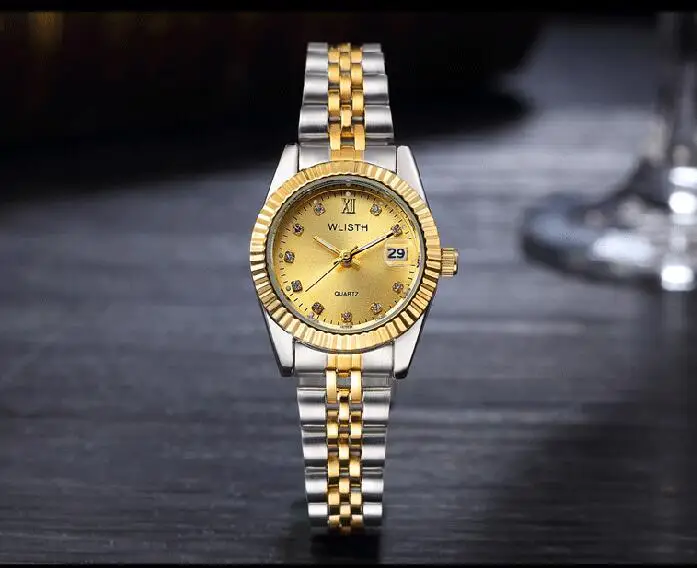 Full Gold For Lady Wlisth роскошные золотые часы для женщин и мужчин, для влюбленных, полностью из нержавеющей стали, Кварцевые водонепроницаемые мужские наручные часы для мужчин, аналоговые часы с автоматической датой - Цвет: Full Gold For Lady