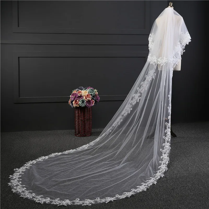 

Hot White Ivory 2 layers 3M Lace Cathedral Wedding Veil With Comb Bridal Veils veu de noiva longo com renda Free Shipping