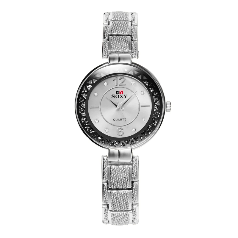 Серебристый Браслет часы для женщин кварцевые брендовые SOXY часы Feminino Relogio Нержавеющая Сталь Роскошные Круглый циферблат мультфильм Mujer наручные часы - Цвет: Серебристый
