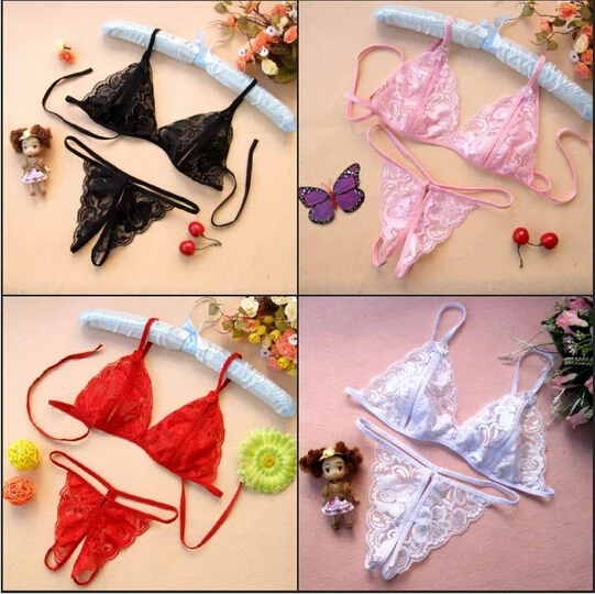 

Fashion New Sexy Womens Lace Open Bra Crotchless Thong G-string Bikini Set Lingerie Black White Pink Red Free Shipping QF049-2