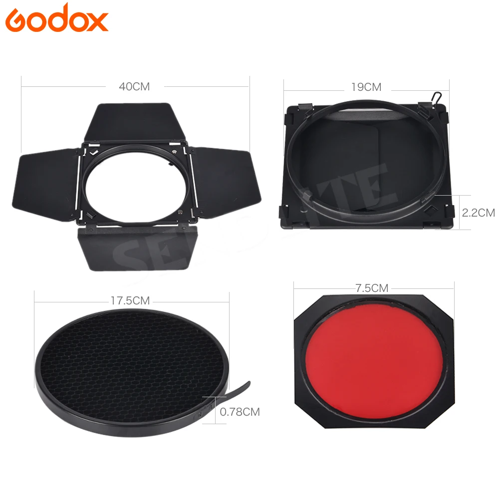 Godox BD-04 Bowens Mount Barn Door With Honeycomb Grid + 4 Color filter Kits For SK400ii DE400 DE300 QS400 QS60 Studio Flash