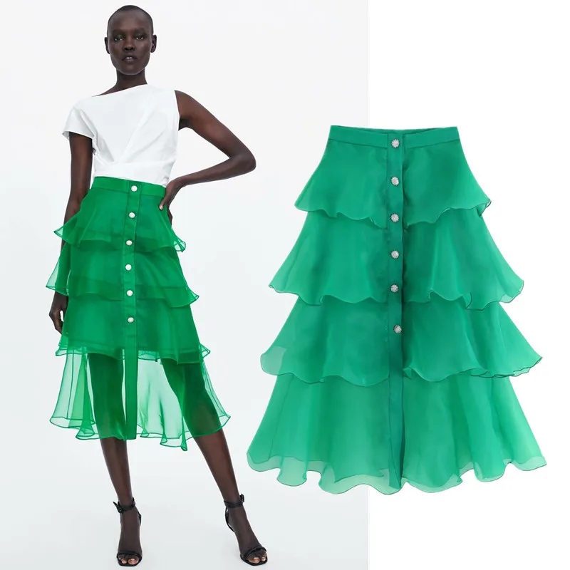 Модная женская летняя юбка новинка 2019 зеленые пуговицы оборки английский стиль