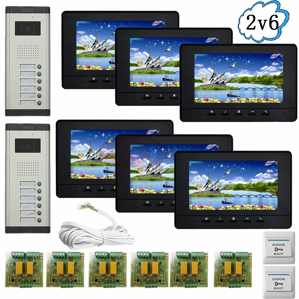 

2 Doors 6 Buttons Infared CCD Camera Color 7" HD 700lines Video intercom system video door phone 6 Monitors In Stock!