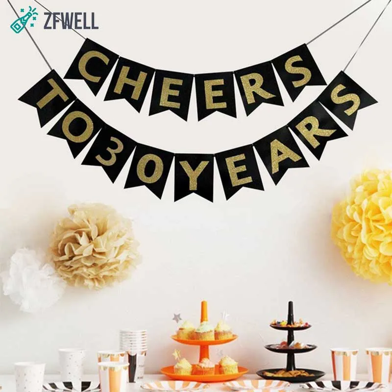 ZFWELL Золотой баннер с надписью CHEERS TO 30 лет для вечеринки дня рождения ласточкин