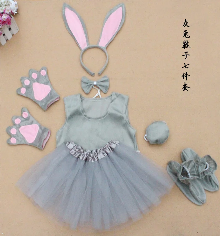 grey rabbit Детский костюм животного для косплея: лягушка, кролик, медведь, слон, мышь, пчела, лиса, краб, лиса, костюм животного для косплея, повязка на голову, жилет, юбка, перчатки, обувь для детей - Цвет: grey rabbit