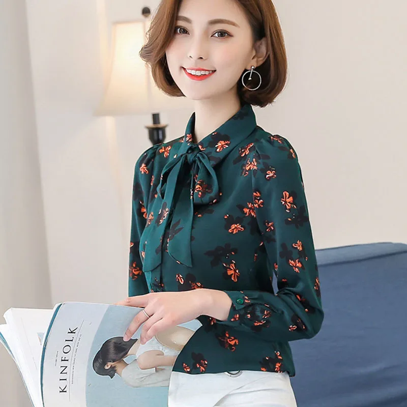 

Lady Summer Blouse Girls Leisure ClothesFemale Print Women's Blouses Shirts Long Sleeves Bow-knot Chiffon Shirts Plus Size B9630
