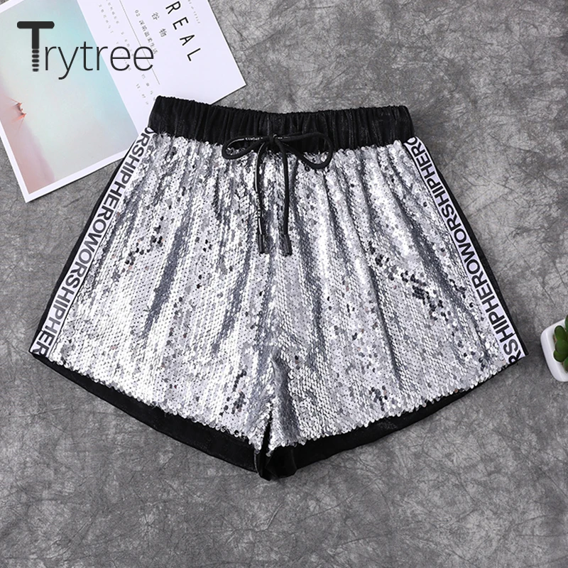 Trytree летние шорты с пайетками для женщин повседневные полиэфирные буквы