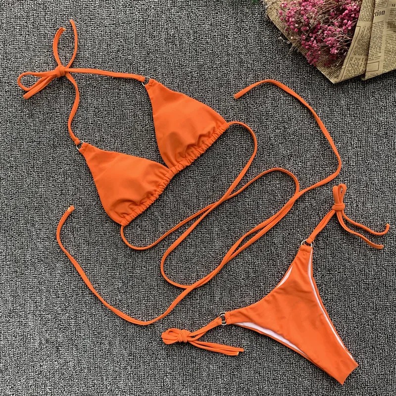 Sexy Micro Bikini 2019 Women Orange Swimwear Bandage Beach Wear Push Up Thong Mini Swimming Suit Ring Halter Set Female | Женская одежда
