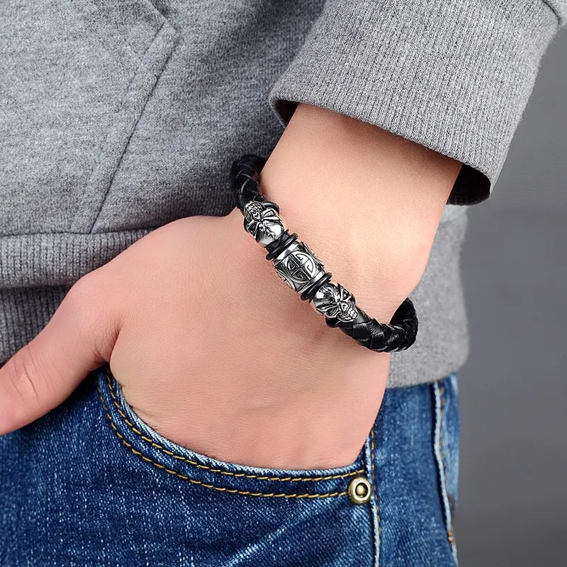Браслеты из натуральной кожи мужские плетеные нарукавники нержавеющей стали с