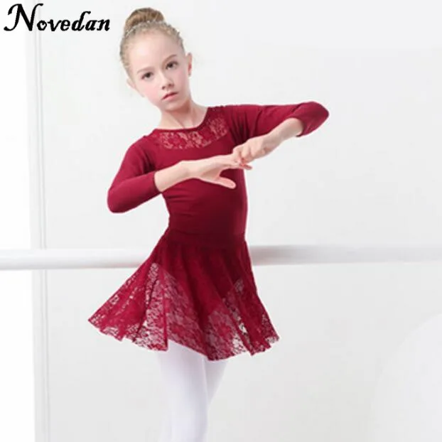 Burgundy Long Sleeve Сексуальный черный кружевной танцевальный костюм для балета без рукавов/с длинными рукавами детский сетчатый танцевальный костюм для девочек, комплект с кружевной юбкой - Цвет: Burgundy Long Sleeve