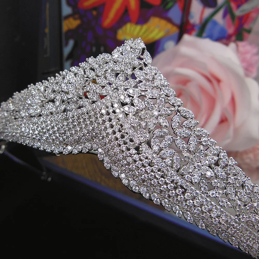 Zircon Flower Wedding Tiara Zirconia Bridal Crown Headpiece CZ Tiaras And Crowns Diadema Hair Jewelry Bijoux Cheveux WIGO1161