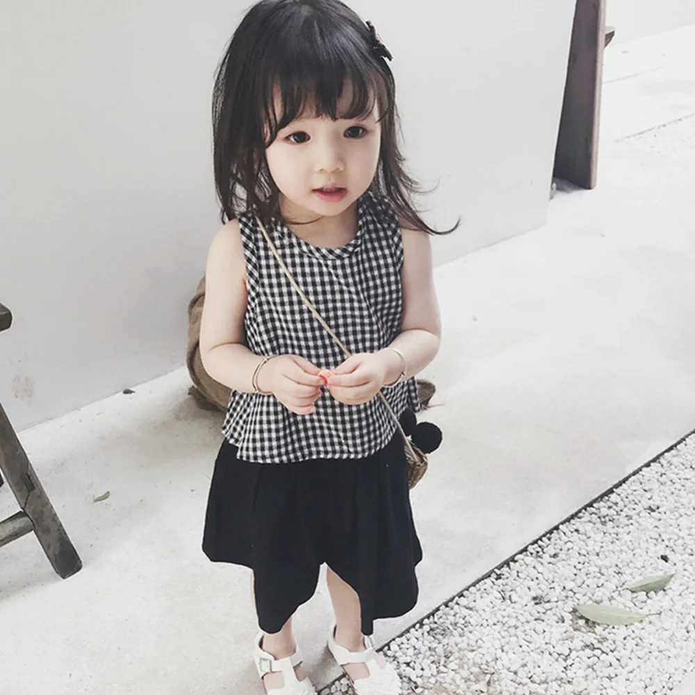 Летняя одежда для маленьких девочек костюм в клетку трапециевидный жилет без