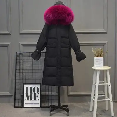 black -rose red fur Женская зимняя куртка с воротником из натурального меха енота, пуховик на белом утином пуху, толстый длинный пуховик, Женская парка с капюшоном размера плюс 4XL - Цвет: black -rose red fur
