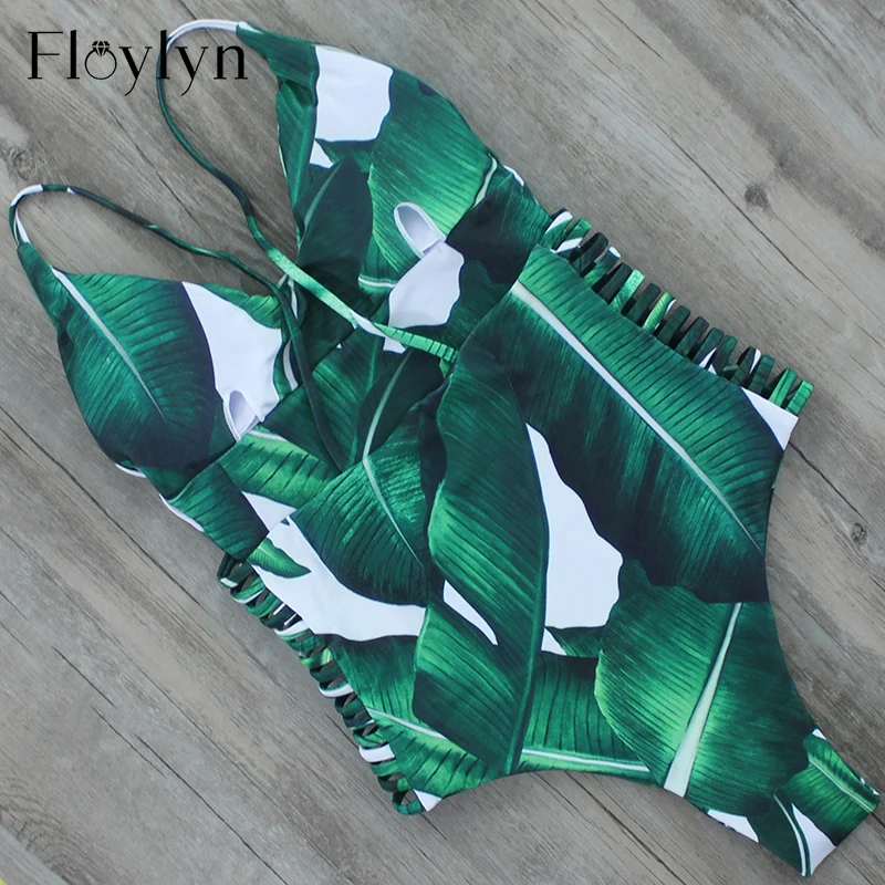 FLOYLYN сексуальный цельный купальник женский с зелеными листьями бандажный