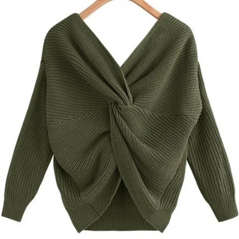 Fashion Solid Color V-neck Open Back Women's Sweater Irregular Cross Knotting Woman Winter 2019 Office Ladies | Женская одежда