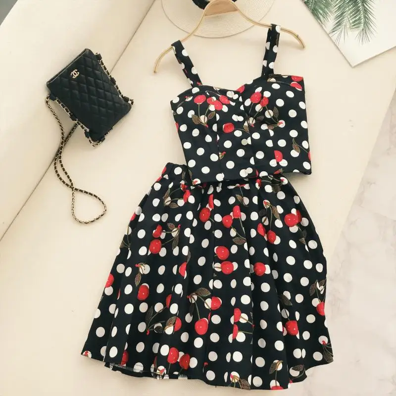 Женский укороченный топ ALPHALMODA комплект из 2 предметов в горошек с принтом вишни