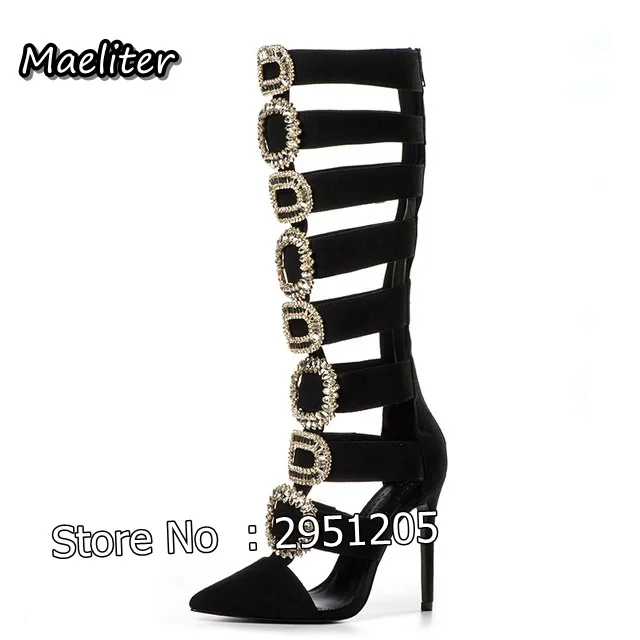 

Новый дизайн; женские модные черные кожаные сандалии до колена с острым носком; сапоги-гладиаторы на высоком каблуке со стразами