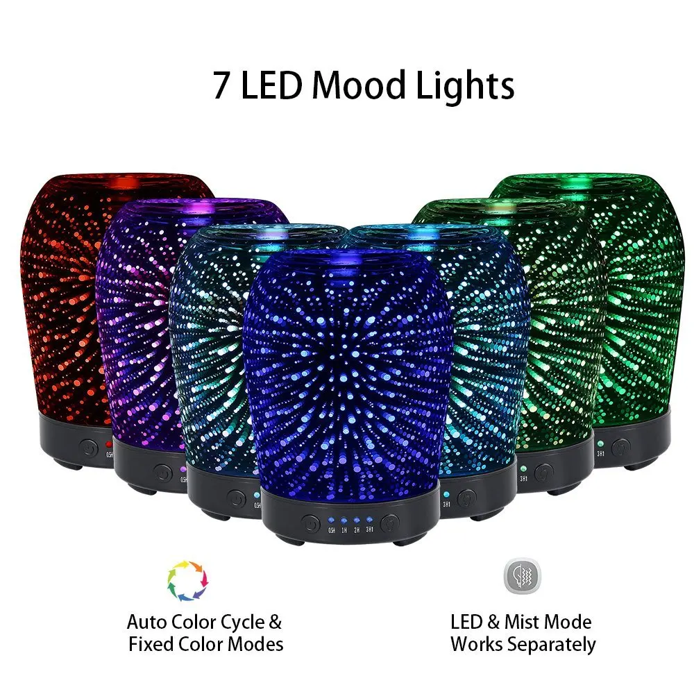 Essential Oil Ultrasonic Cool Mist Humidifier 3D Glass Fireworks 7 Color Change Night Light Aromatherapy Quiet For Home Office | Бытовая