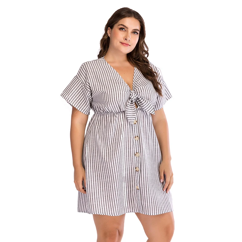 Платье с бантом WHZHM Летнее мини-платье в полоску коротким рукавом и треугольным