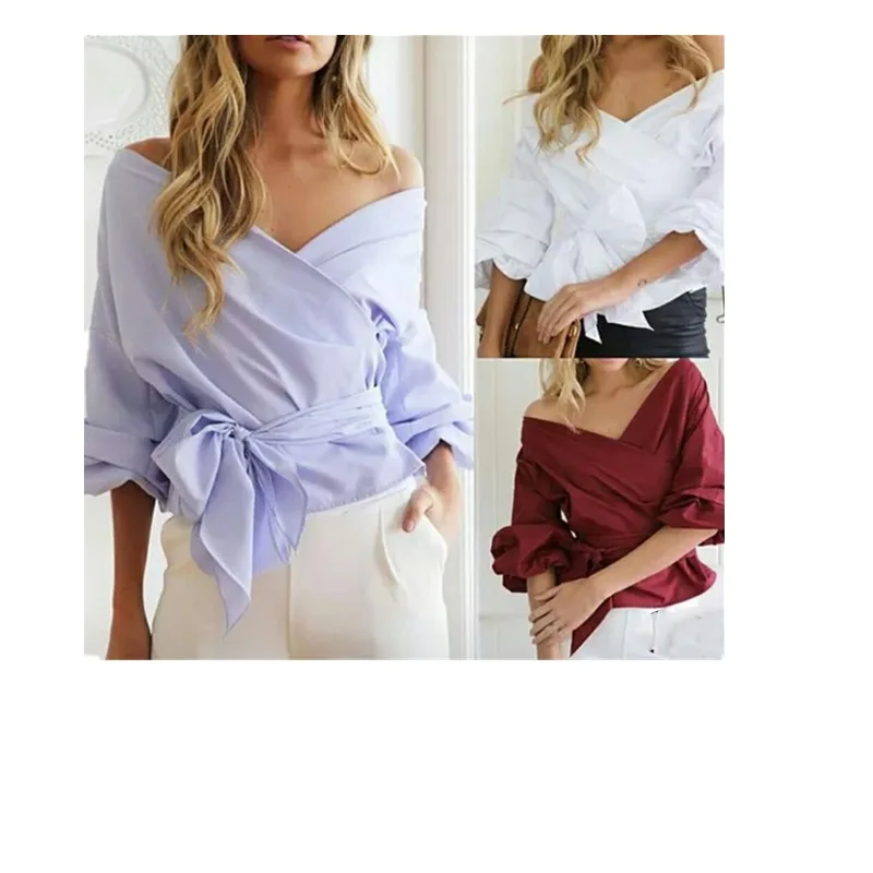 

2019 New Sexy Women's Shirt Off-shoulder V-neck Women's Blouse Blouses Cross Straps Women Tops