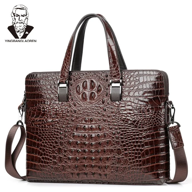 Horizontal Brown Двухслойный портфель с крокодиловым узором, мужская деловая сумка из коровьей кожи, сумка для ноутбука, мужская сумка через плечо, дорожная сумка - Цвет: Horizontal Brown