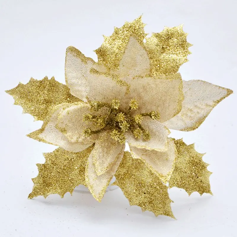 12Pieces Glitter Poinsettia Flowers Christmas Tree Poinsettia Ornaments for Christmas Valentine's Day Floral Decorations