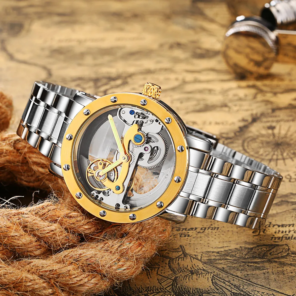 Автоматические механические часы мужские Tourbillon прозрачные модные с скелетом из