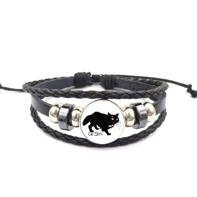Изящное стекло EJ Glaze Cat Sidhe для подарка на День Валентина - Модный черный кожаный браслет-браслет Vintage.