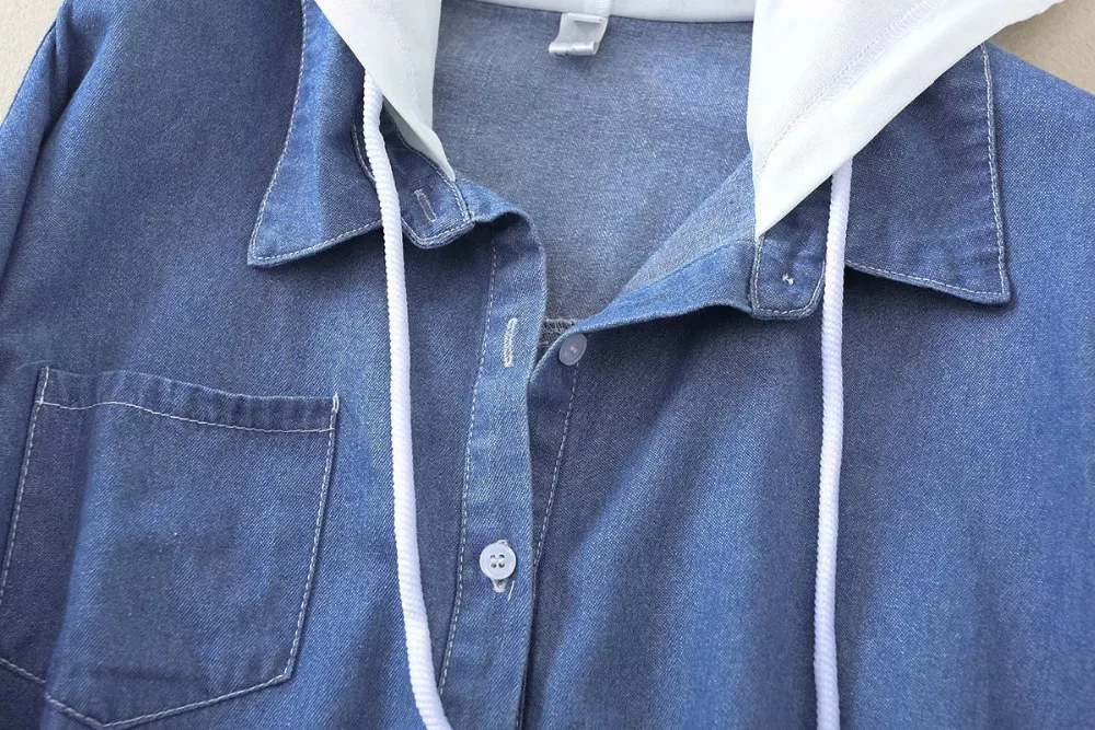 Женская Джинсовая блузка с карманами и капюшоном в винтажном стиле весна 2019 |