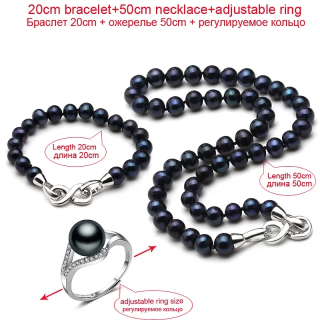 long pearl set Настоящий свадебный ювелирный набор из черного жемчуга для женщин, юбилейное жемчужное ожерелье с браслетом и кольцом из серебра 925 пробы, свадебные украшения в коробке - Цвет камня: long pearl set