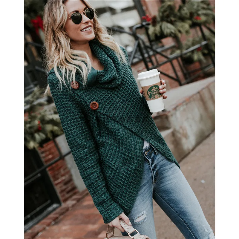 Женский осенне-зимний свитер черный темно-зеленый с высоким воротником в