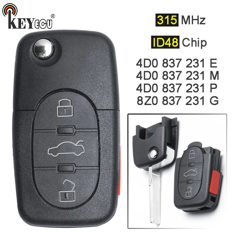 KEYECU 315 МГц ID48 P/N: 4D0 837 231 E/ M/ P Flip 4 Btn дистанционный ключ брелок для Audi A2 A4 A6 A8 S8 TT