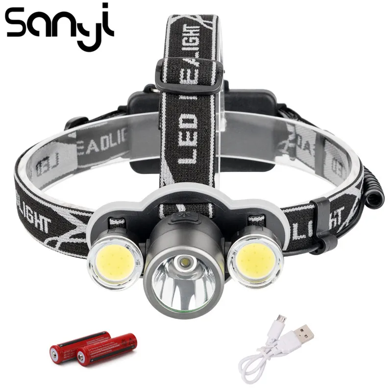 

SANYI 1*T6+2*COB LED Headlamp Frontal Headlight 5 Modes Head Flashlight Forehead Torch Lamp for Camping With AC Charger+2*18650