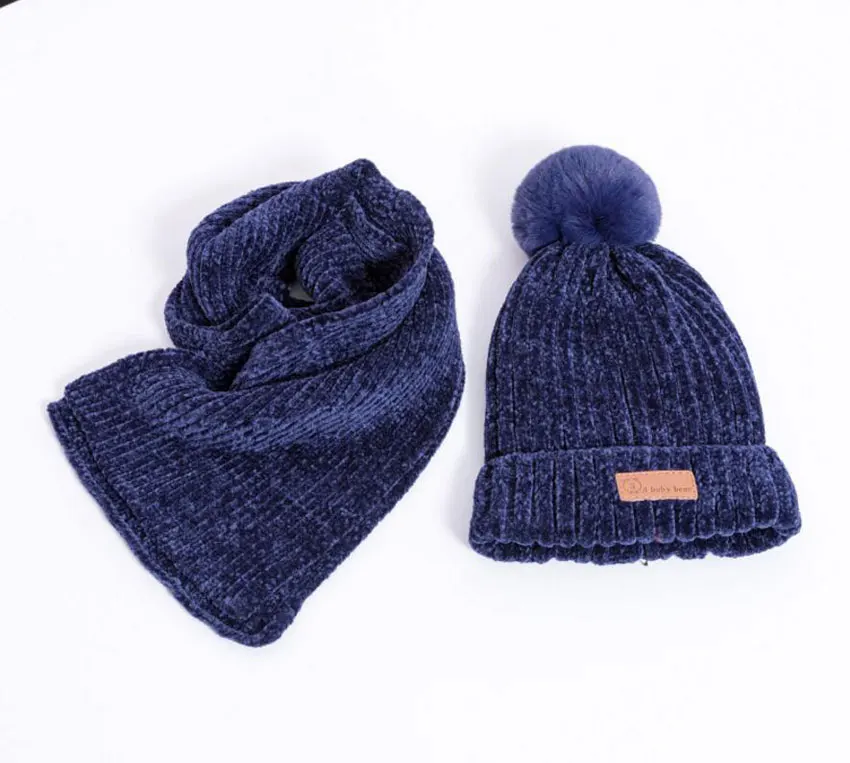 Navy 2 Pcs Set Детский зимний шарф, шапка, комплект для мальчиков и девочек, вязаные шапки, шарфы, перчатки, комплекты из 3 предметов, шапка с помпоном, шарфы, Детский Теплый костюм, M7150 - Цвет: Navy 2 Pcs Set
