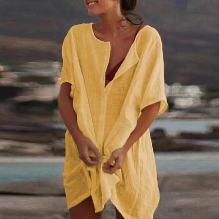 Yellow Lipswag 5XL, летний женский Мини Сарафан с коротким рукавом, повседневные пляжные топы, рубашки, платья, Дамская мода размера плюс, однотонное платье-кардиган - Цвет: Yellow